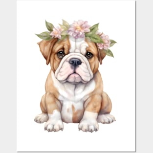 Watercolor Bulldog with Head Wreath Posters and Art